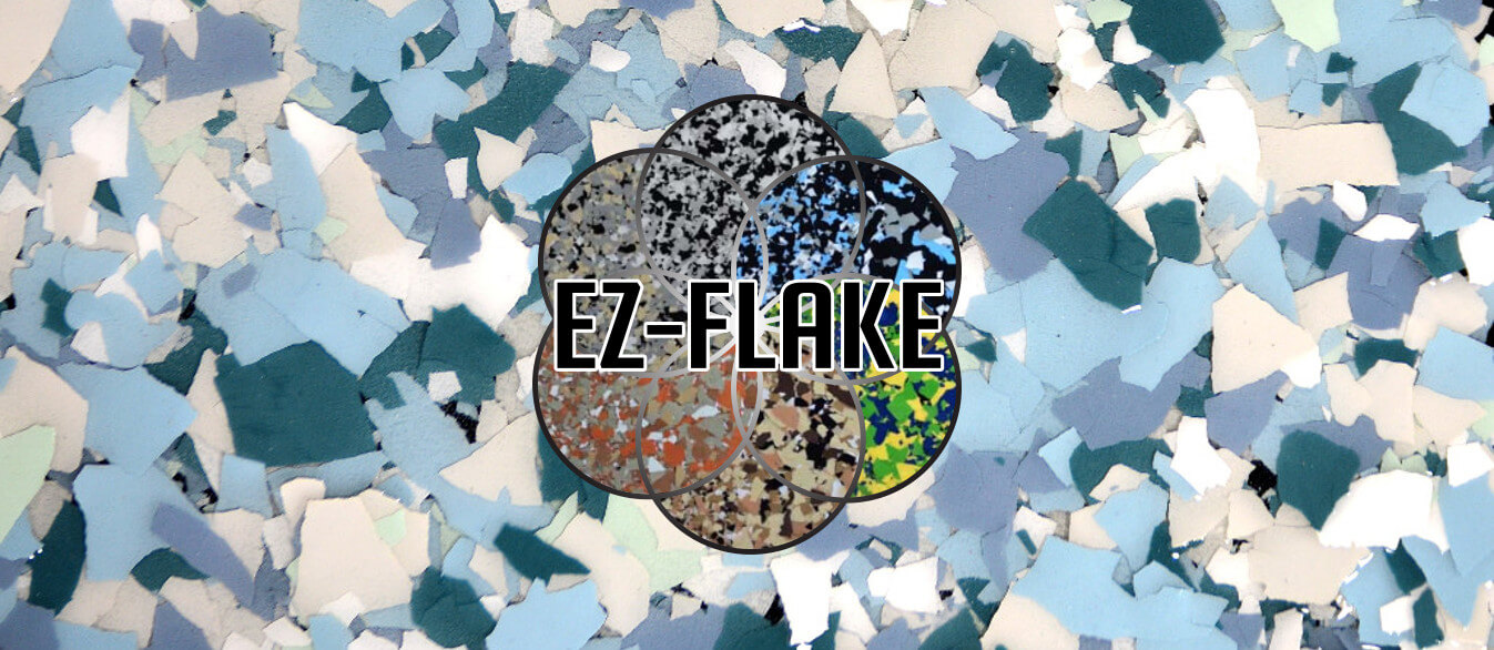 EZ-Flake liquid seamless flooring system logo and background sample image